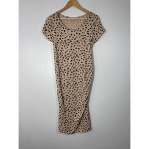Leopard Isabel Maternity Women M Ruched Midi Dress Tan Animal Print Short Sleeve